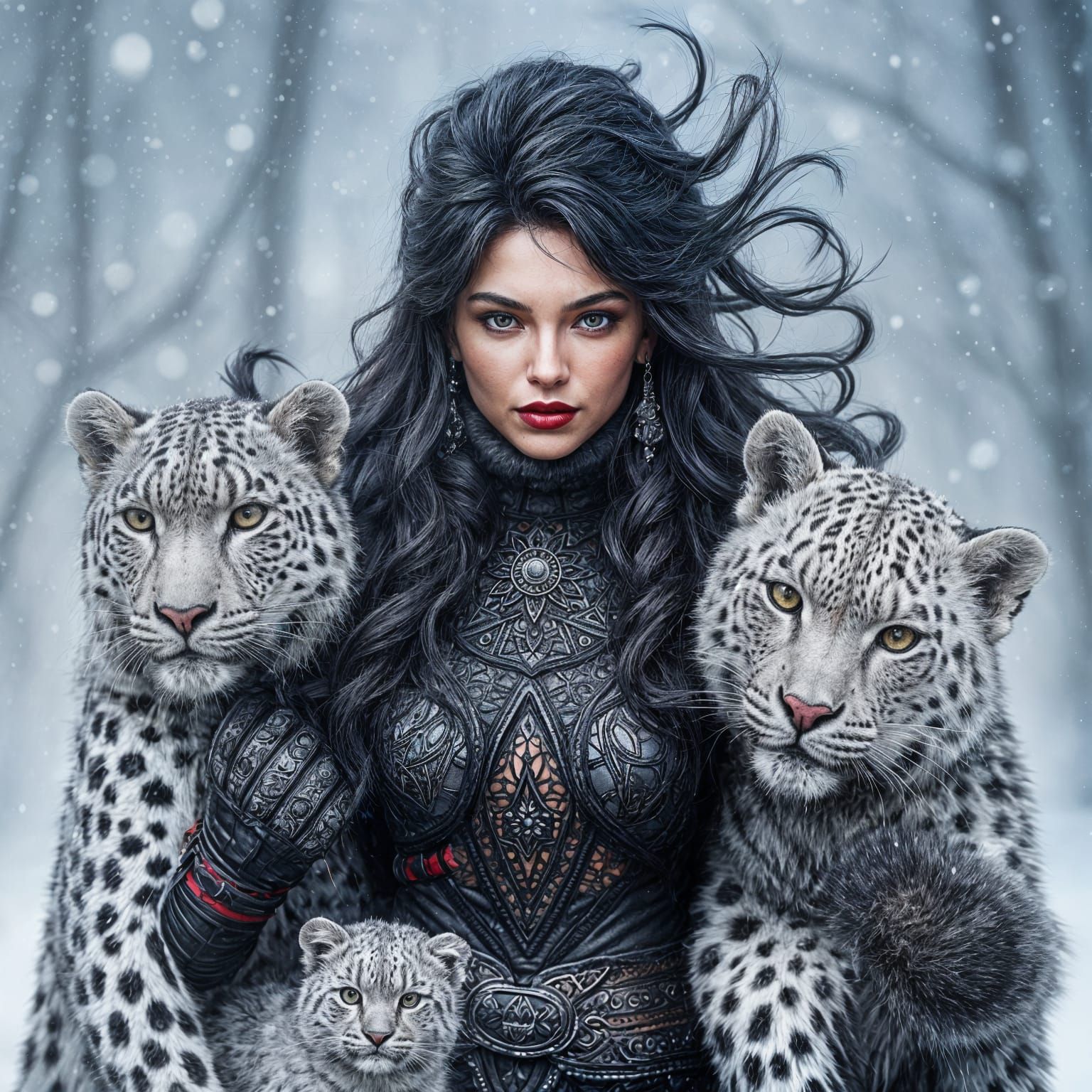 Warrior Princess with Snow Leopards in Snowy Landscape