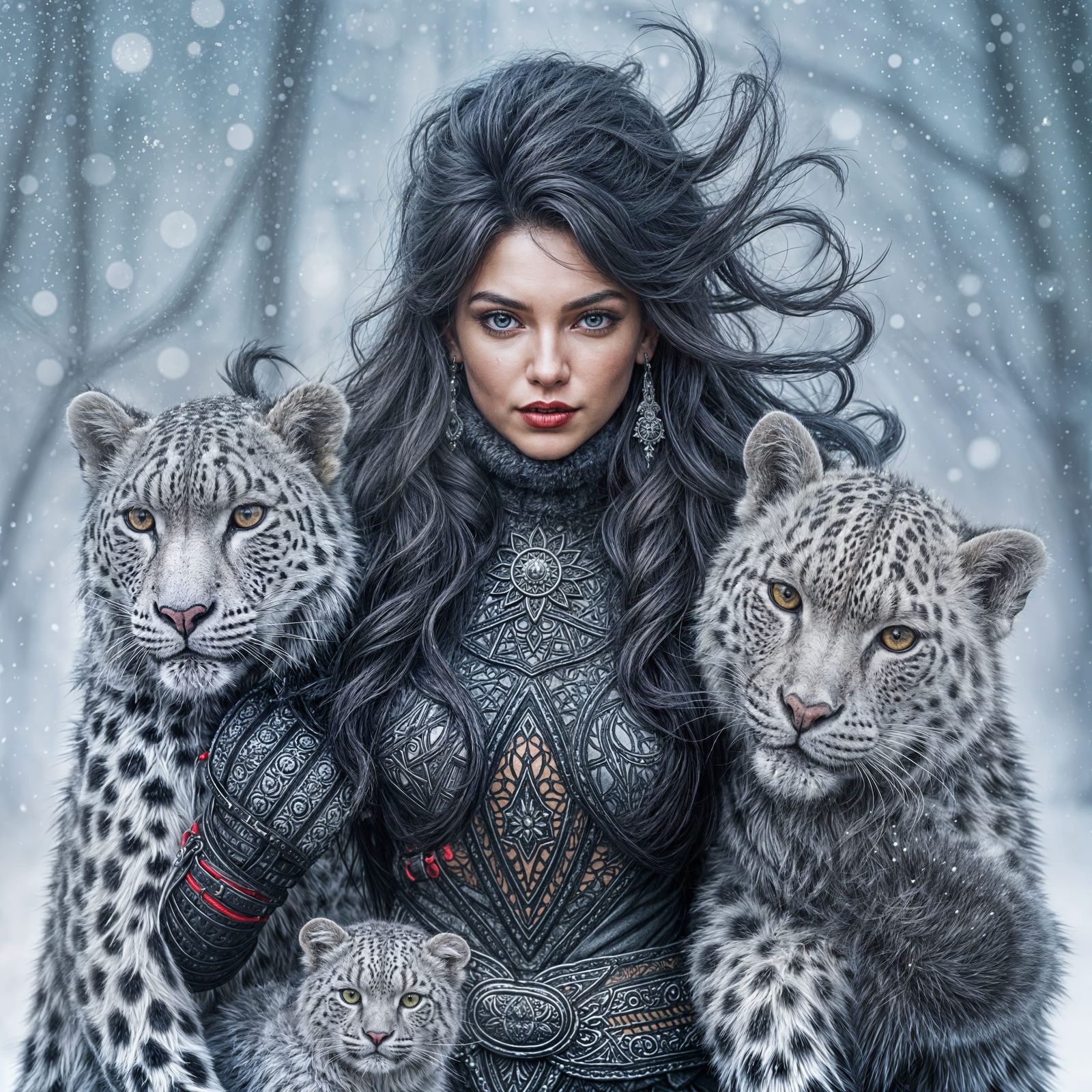 Warrior Princess with Snow Leopards in Snowy Landscape