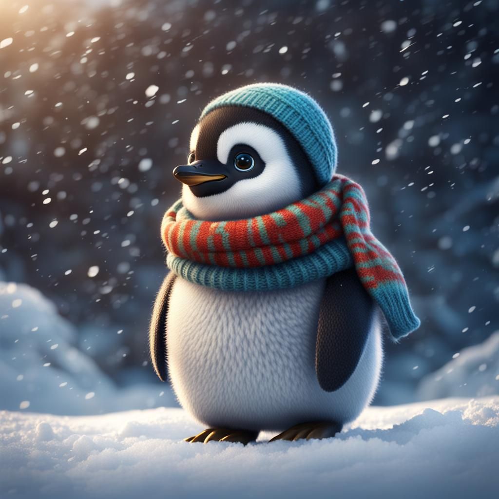 Penguin in Woollen Jumper in Snowy Landscape