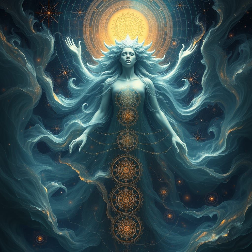 Ethereal Being Embodies Infinite Wisdom in Cosmic Harmony