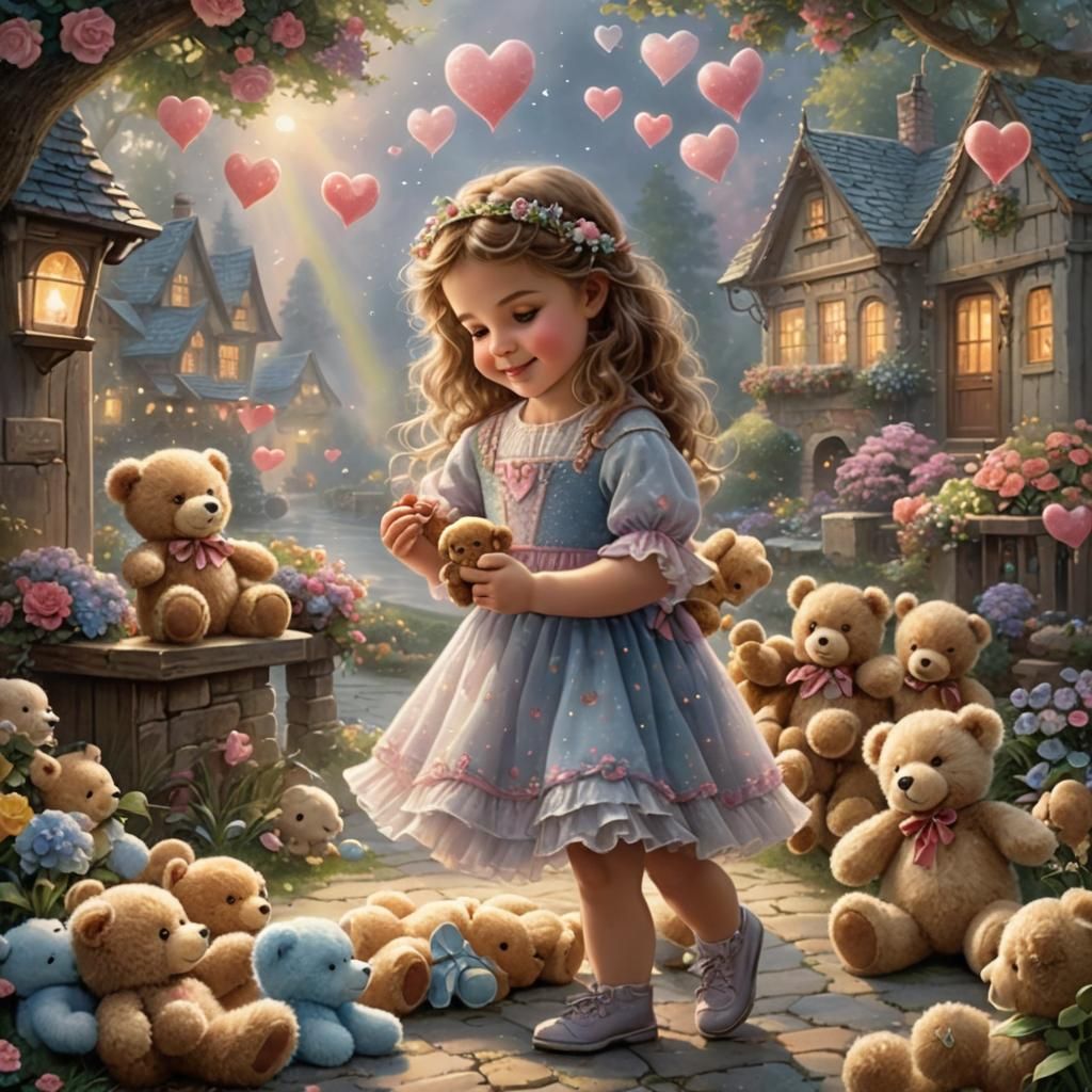 Baby Girl Plays with Teddy Bears in Ethereal Fantasy