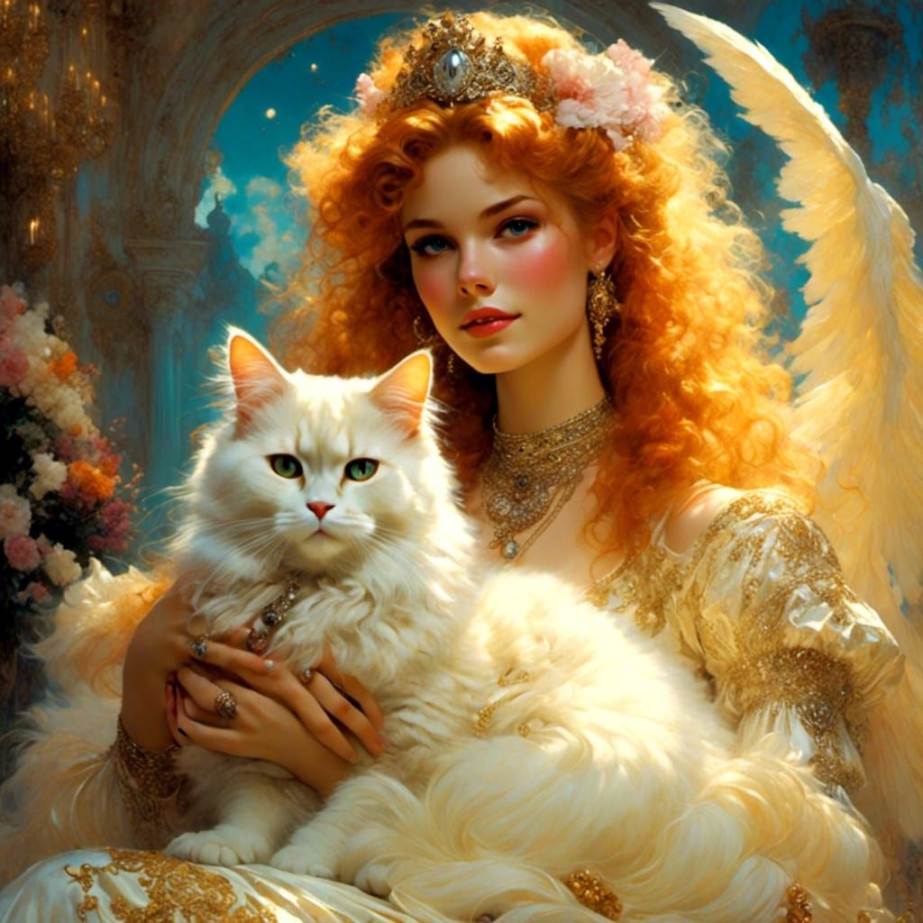Beautiful angel shining with the light of god, with her cat.