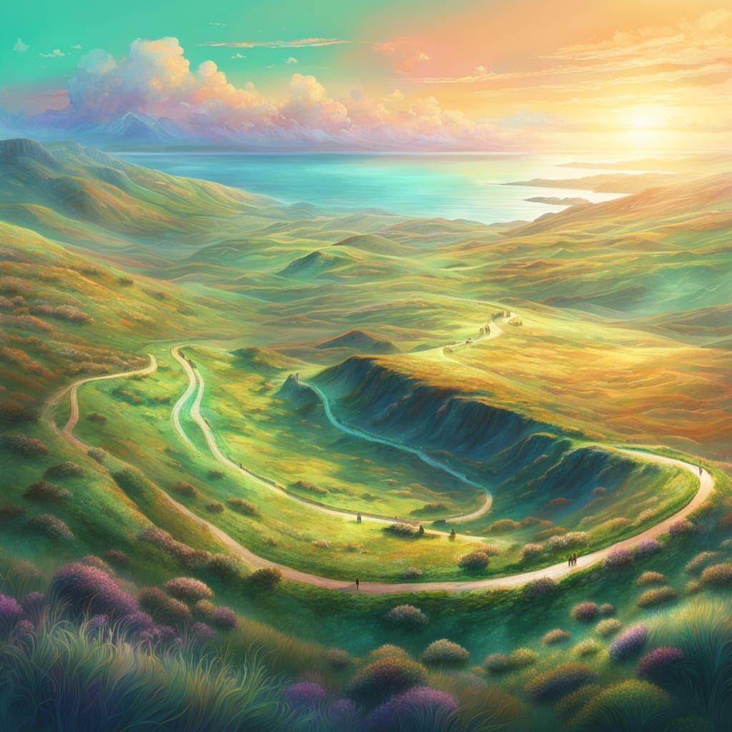 Dreamlike Coastal Moorland in Mixed Media Style