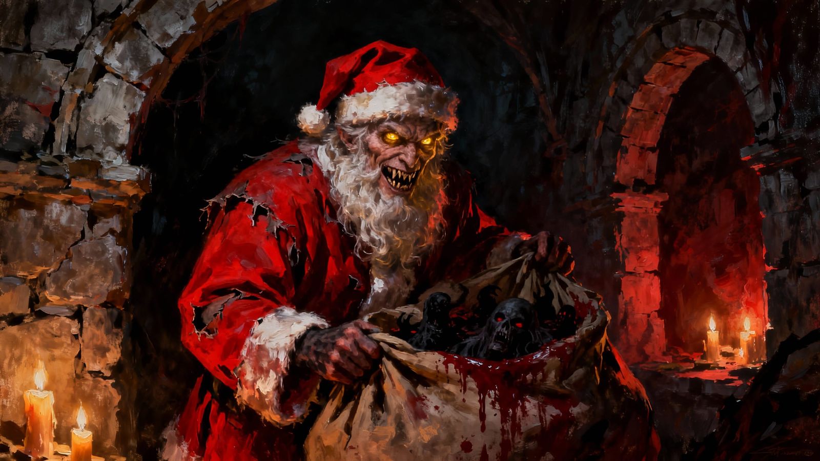 Sinister Santa with Glowing Eyes in Shadowy Oil Painting