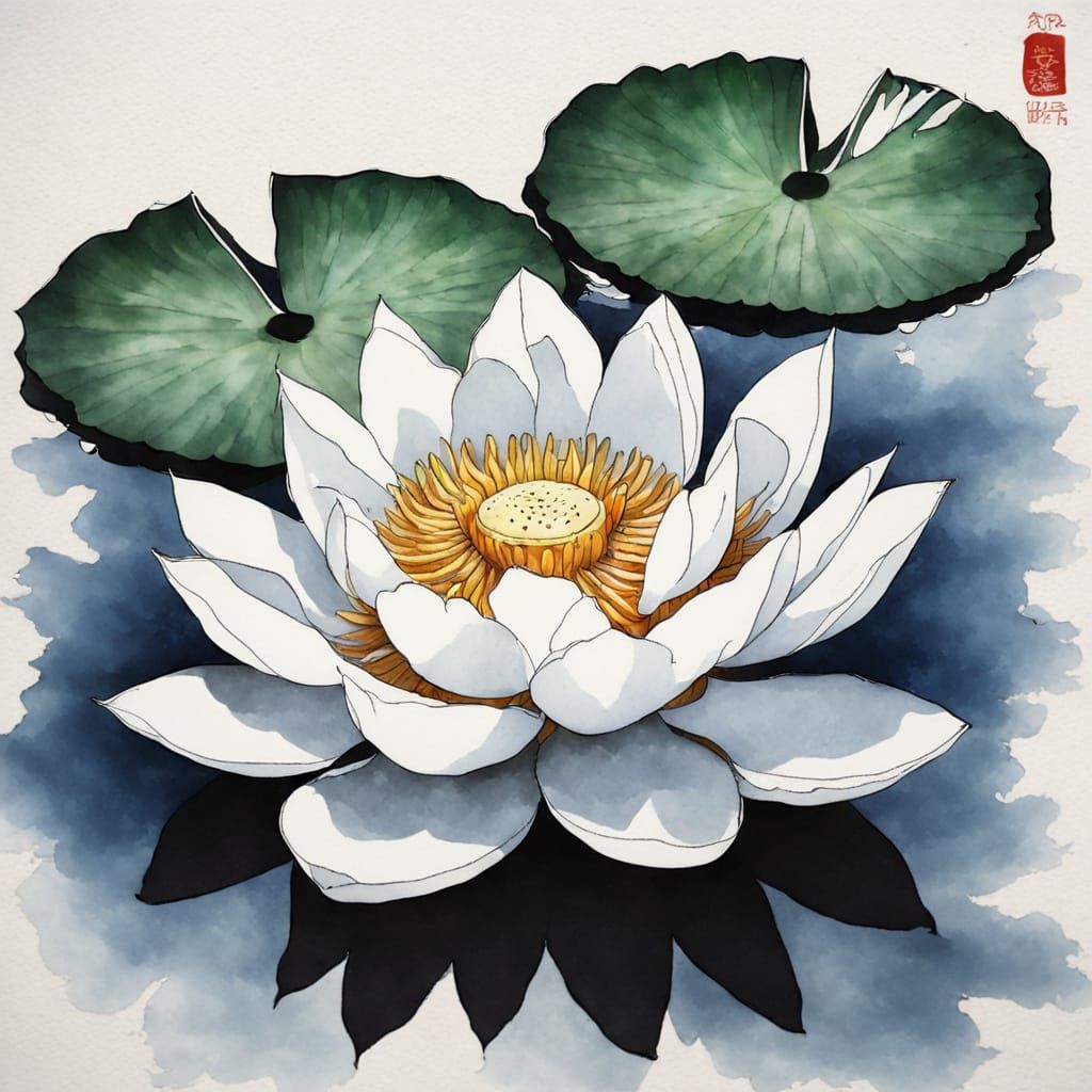 Elegant White Lotus in Traditional Japanese Brushwork Style