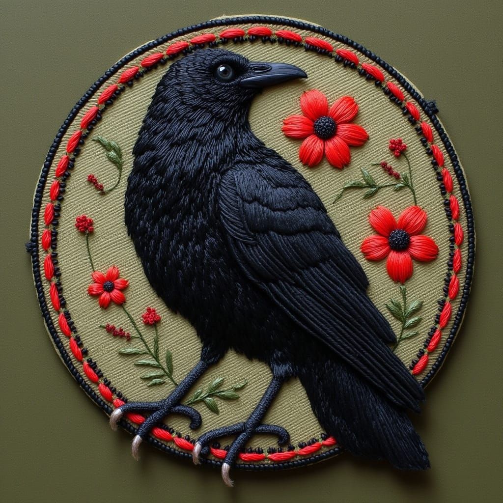 Embroidered Crow Military Patch with Intricate Stitching