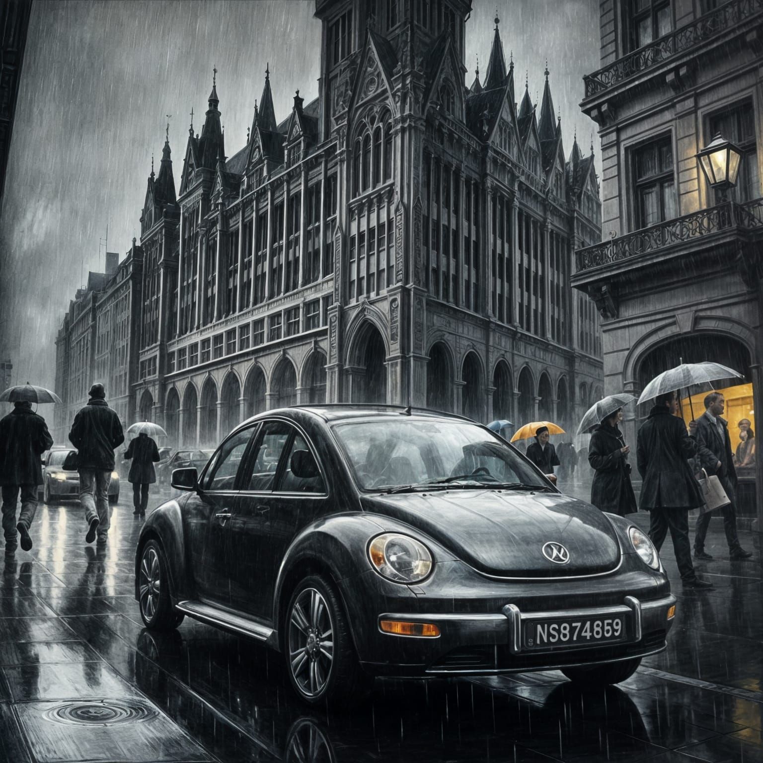 Rainy Street Scene with a Giant Black Bug
