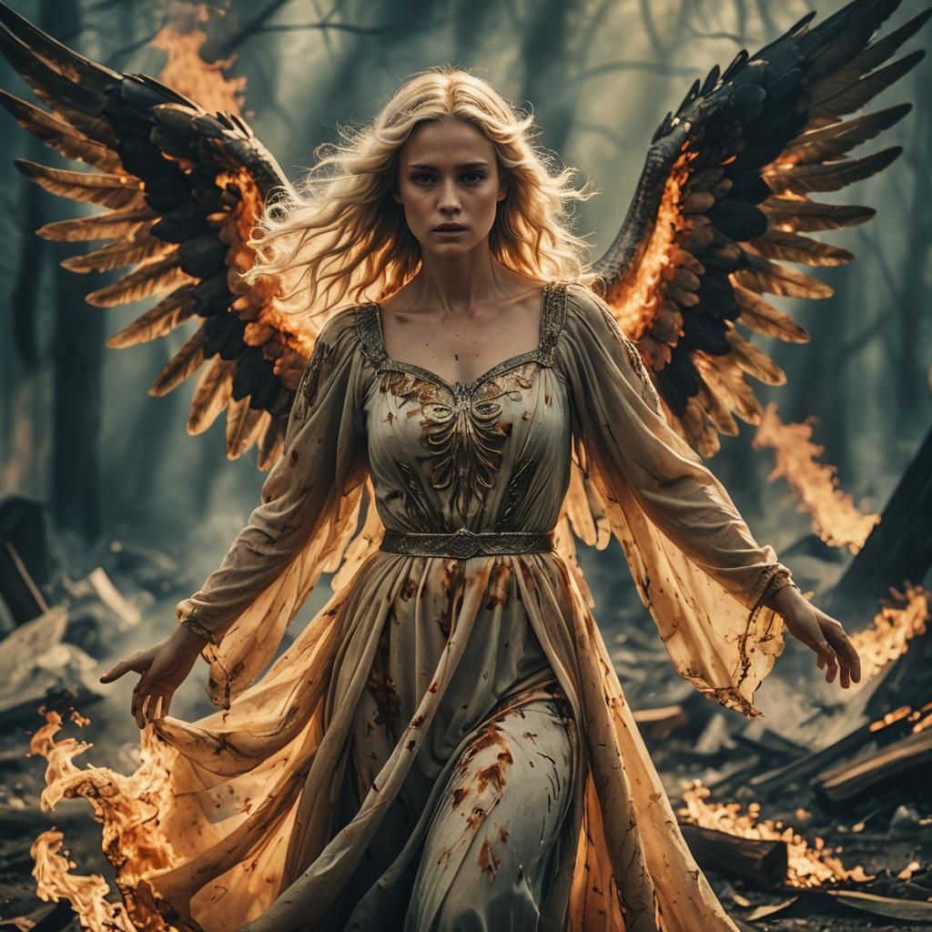Dramatic Angel in Burning Dress: Cinematic Still