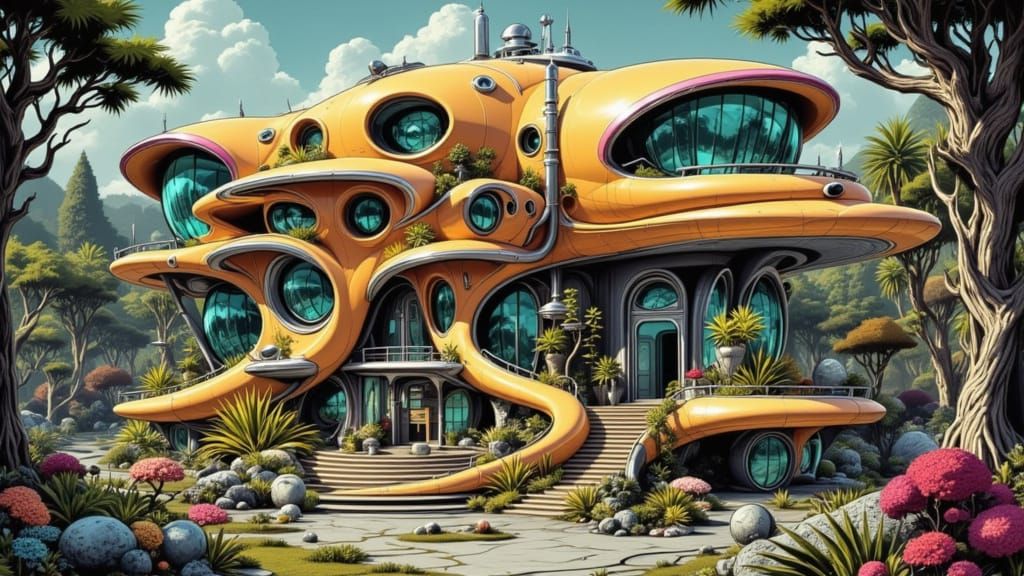 Retro-Futuristic Fortress in Post-Apocalyptic Jungle