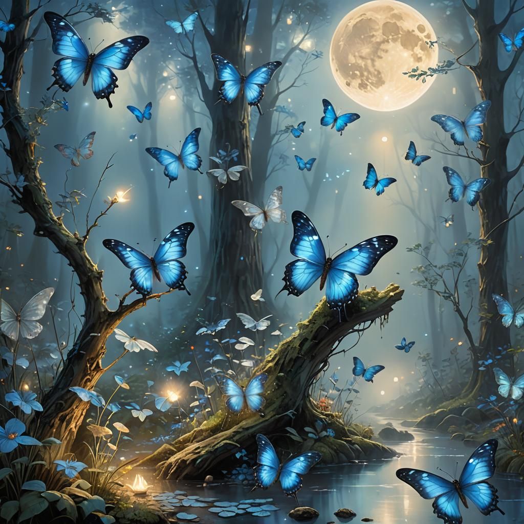 Glowing Blue Butterflies in Misty Moonlit Forest