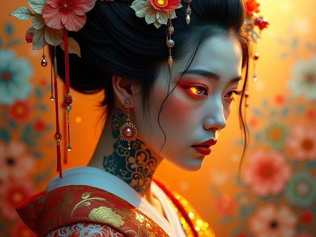 Geisha Warrior Portrait with Ethereal Tattoo in Hyperrealist...