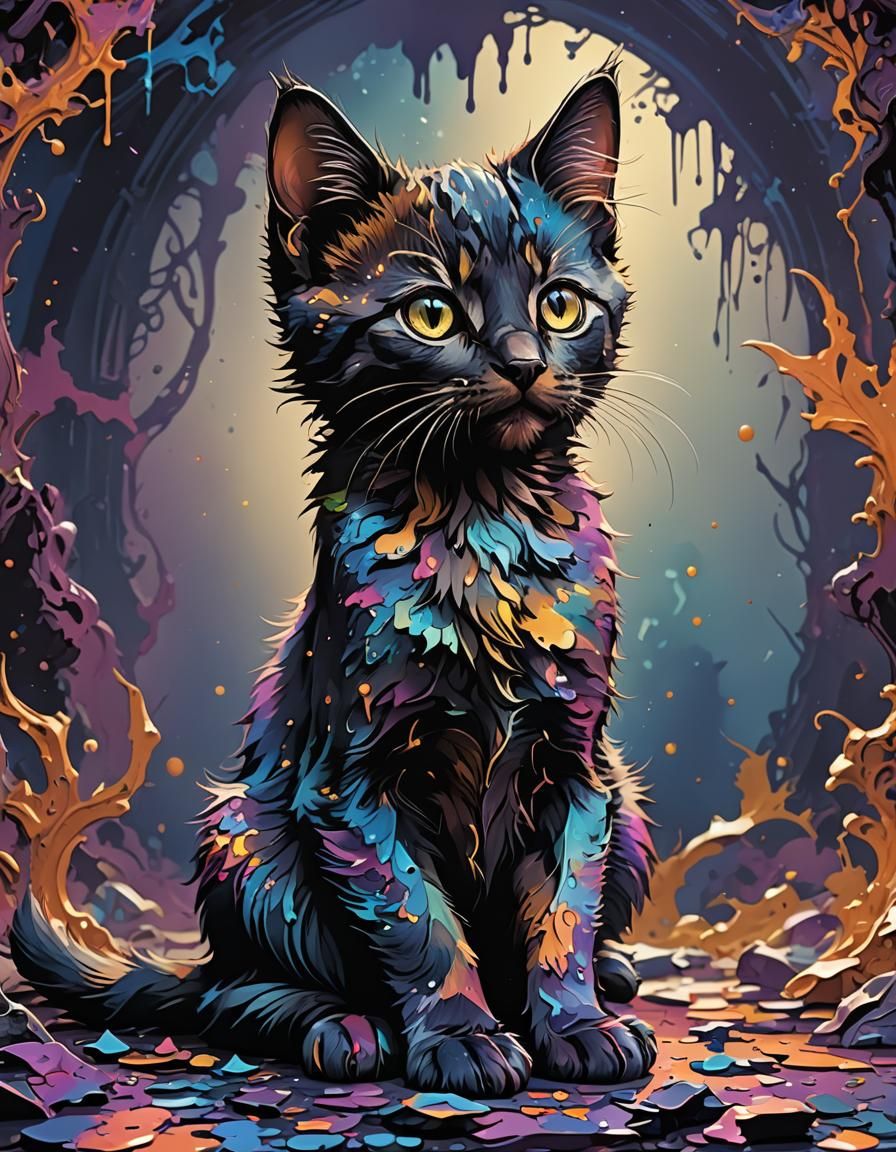 Fantasy Kitten Silhouette in Vaporwave Style