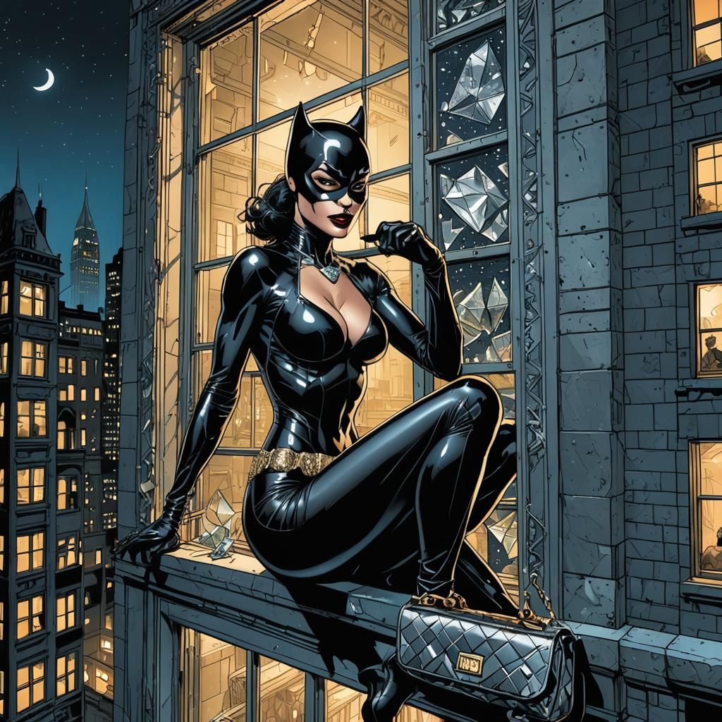 Comic Style Catwoman Escaping Gotham Jewelry Bank