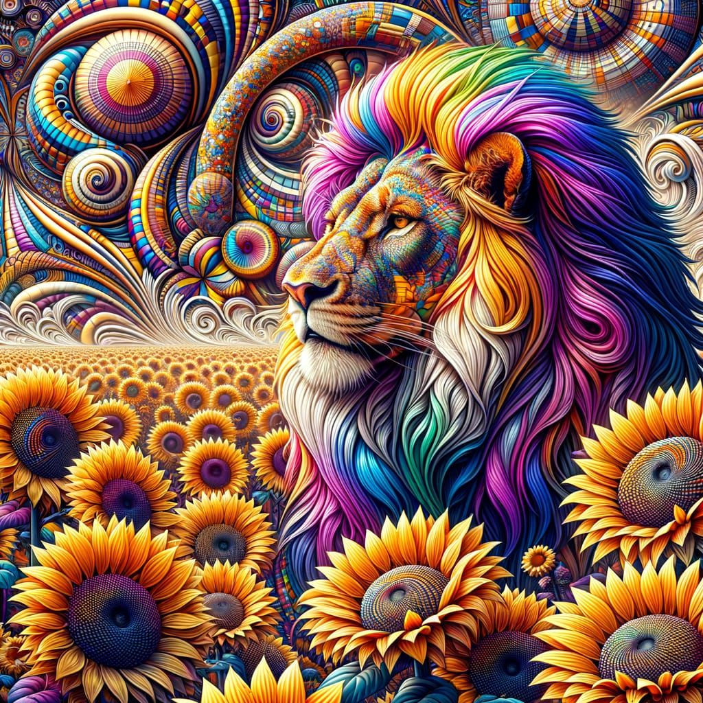A majestic lion with a vibrant rainbow mane