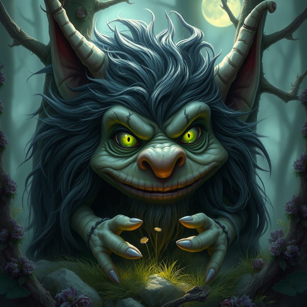 Hideous Troll in Mystic Forest, Ethereal Fantasy Art