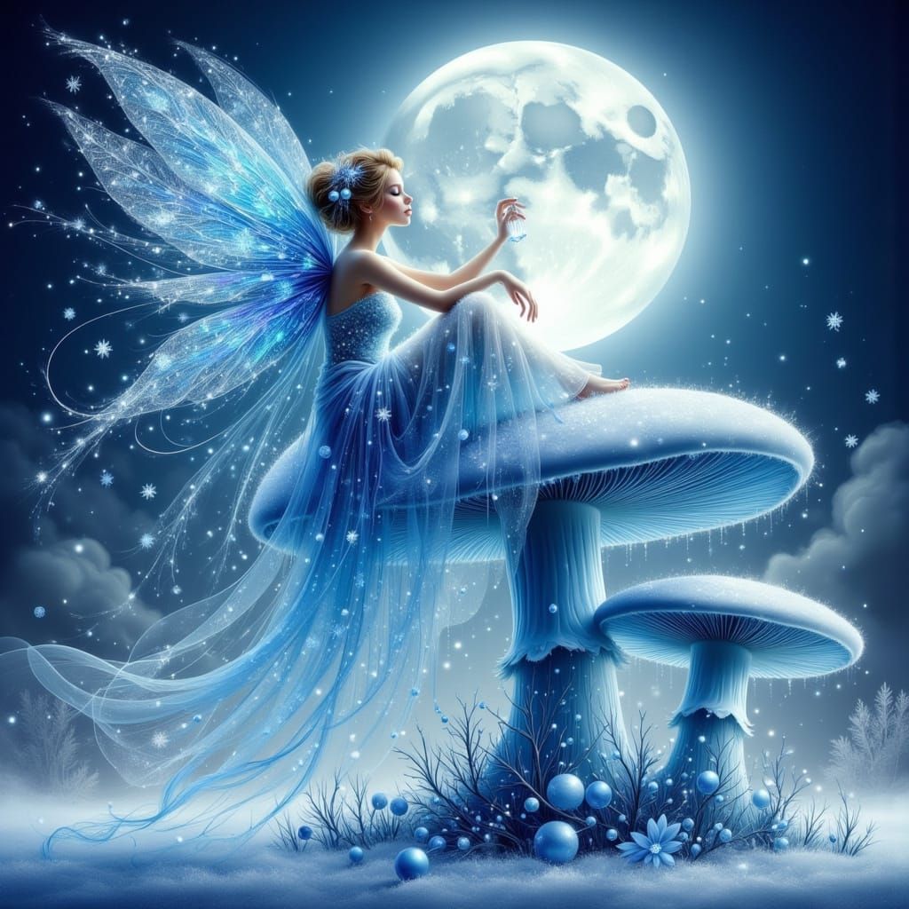 Ethereal Fairy on Snowflake in Winter Wonderland