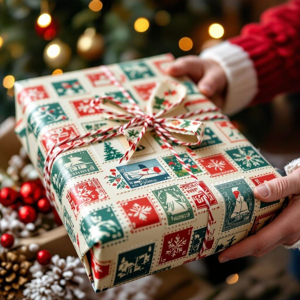 Christmas Present Wrapped in Postage Stamps