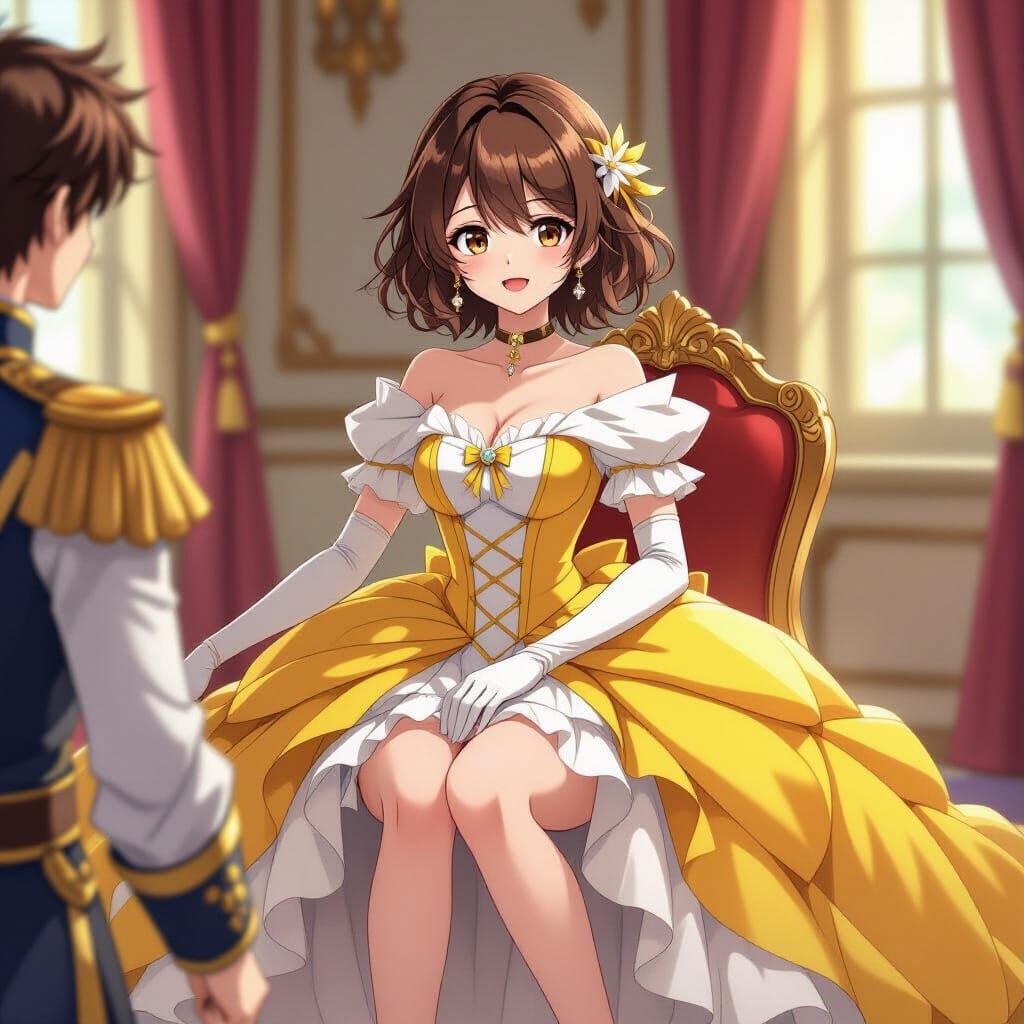 Anime Princess in Voluminous Gown Sits with Prince