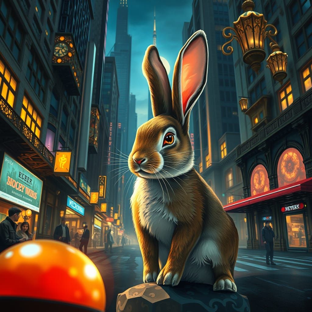 Rabbit in Art Deco Cityscape with Eldritch Glow