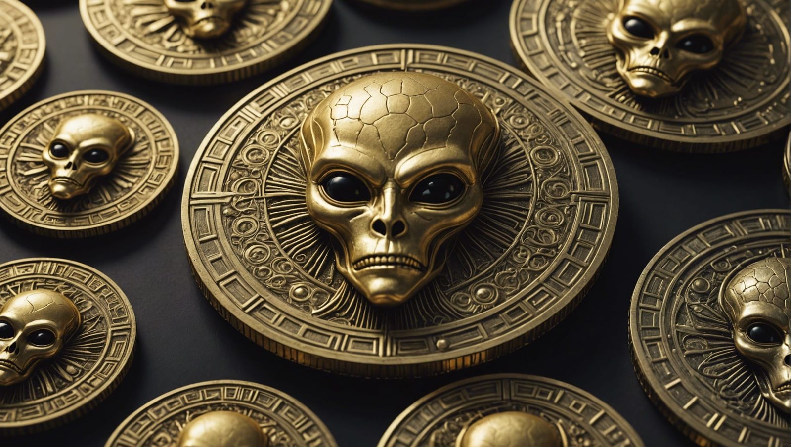 Golden Alien Coins: Hyperrealistic Extraterrestrial Engravin...
