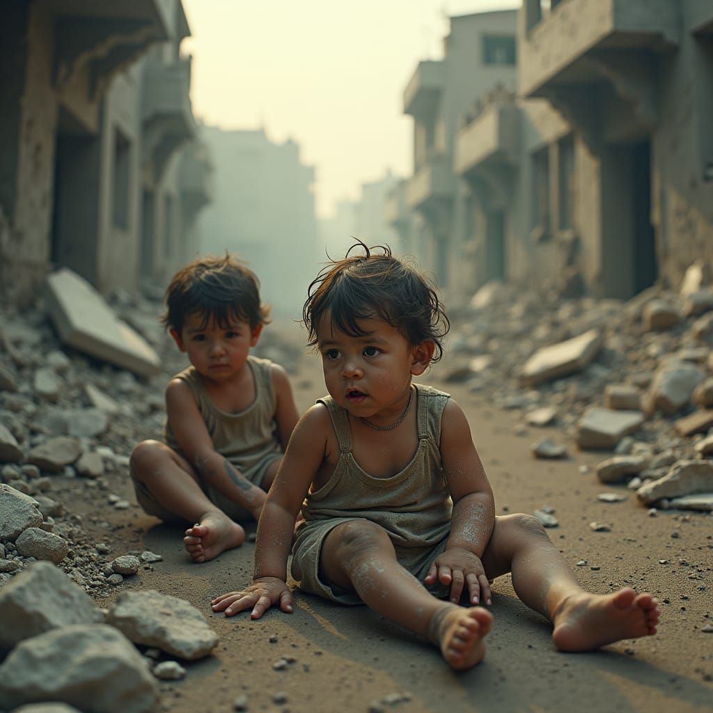 War Zone Aftermath: Injured Children in Ruins