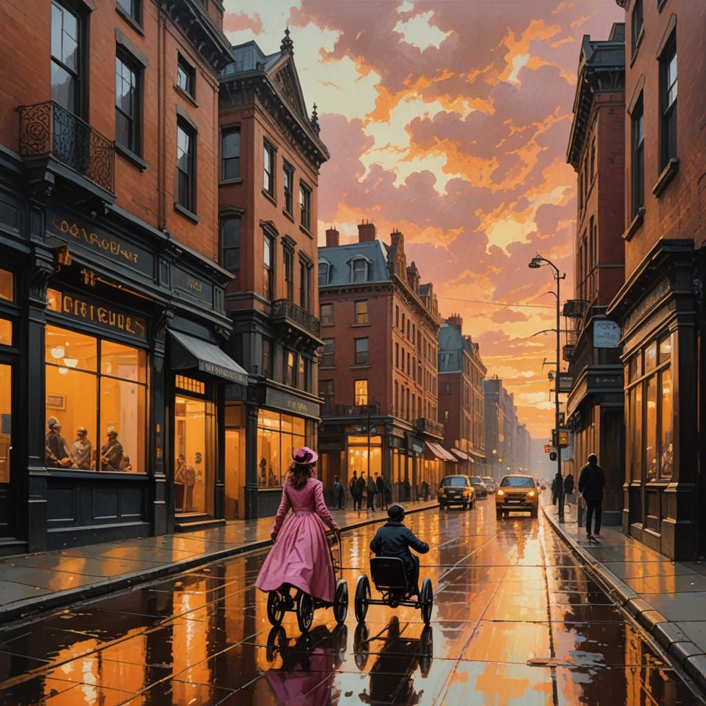 Victorian Girl on Tricycle in Atmospheric Urban Scene