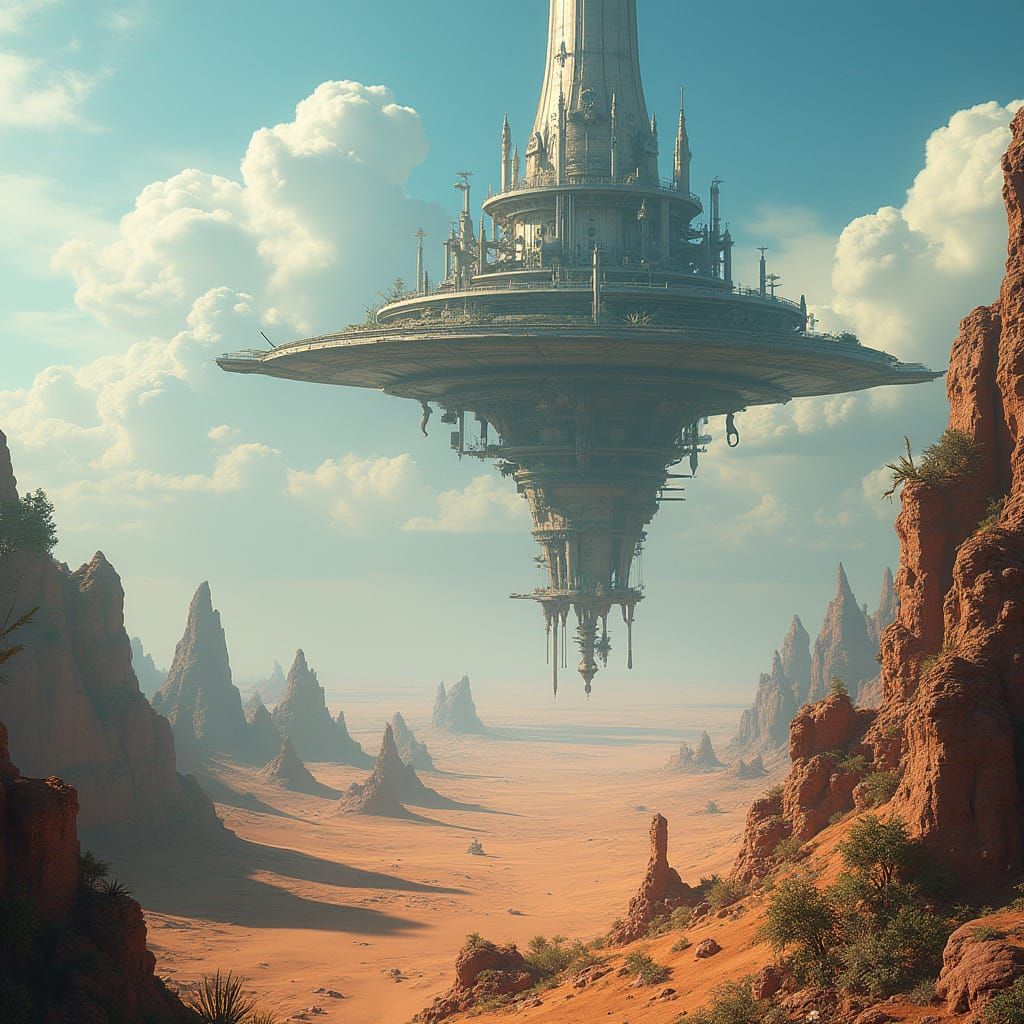 Floating Ruins Over a Distant Desert Continent