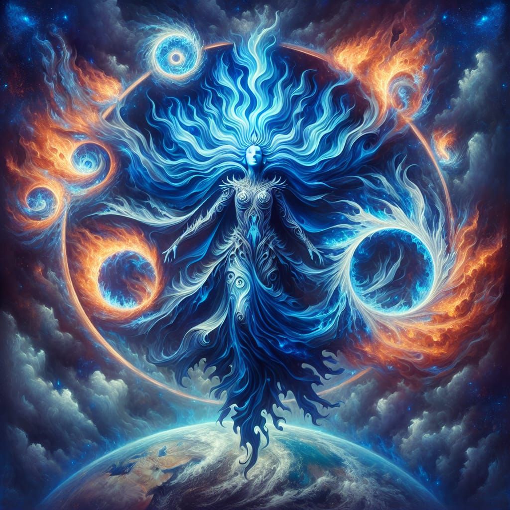 Ethereal Blue Fire Goddess Reigns Majestically Over Earth in...