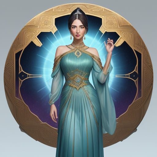 Ancient Greek Goddess in Iridescent Gown, Cinched at the Wai...