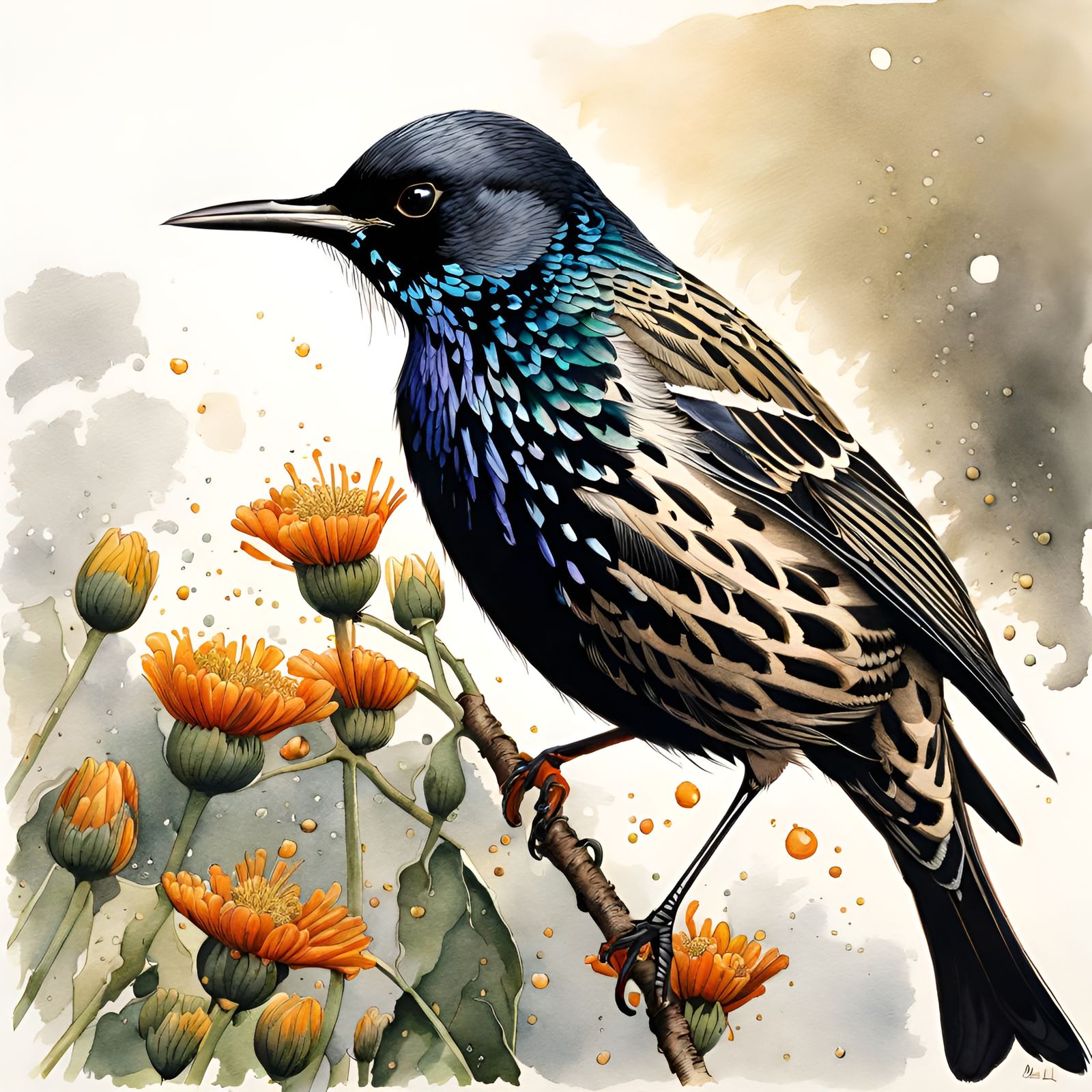 European Starling Illustration in Watercolor Style