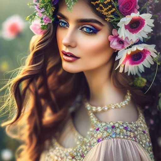 Retro-Futuristic Poster of Girl in Floral Scene