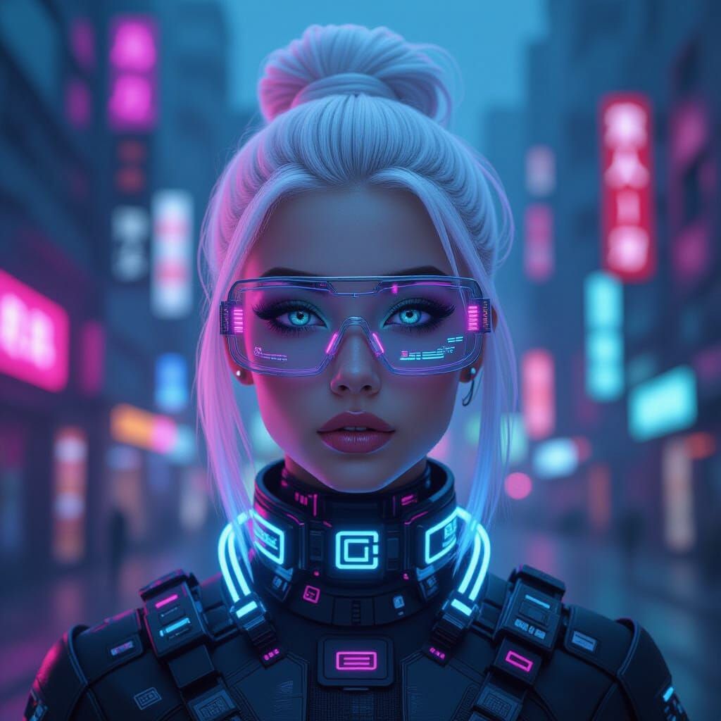 Cyberpunk Girl with Neon Streaks in Digital Portrait