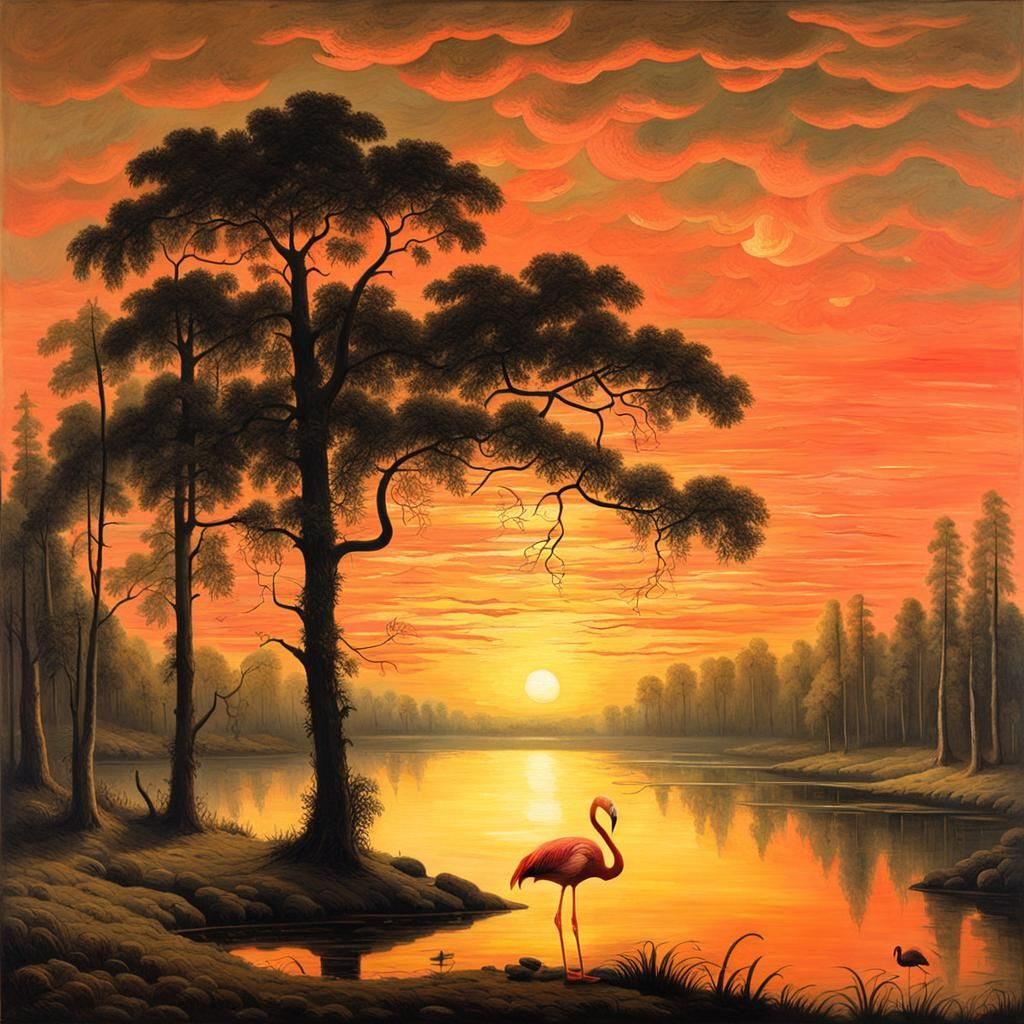 Flamingo in Pond at Golden Sunset