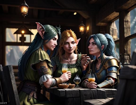 Female Goblins Enjoying Cocktails in Rustic Tavern
