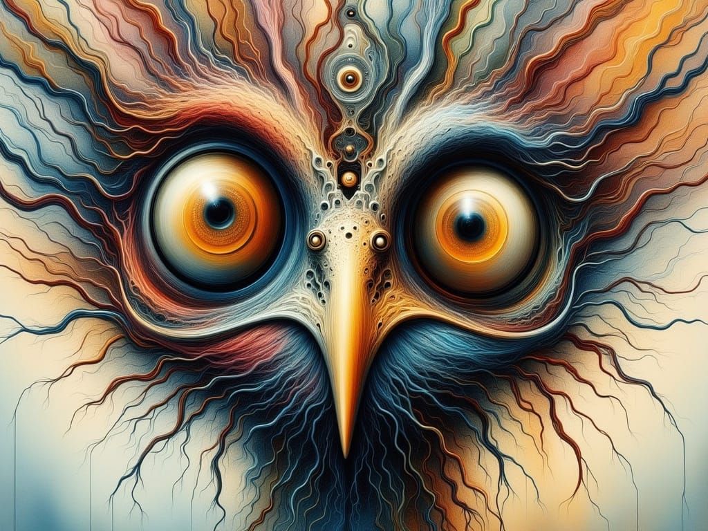 Bizarre Bird with Large Eyes in Surreal Watercolor Style