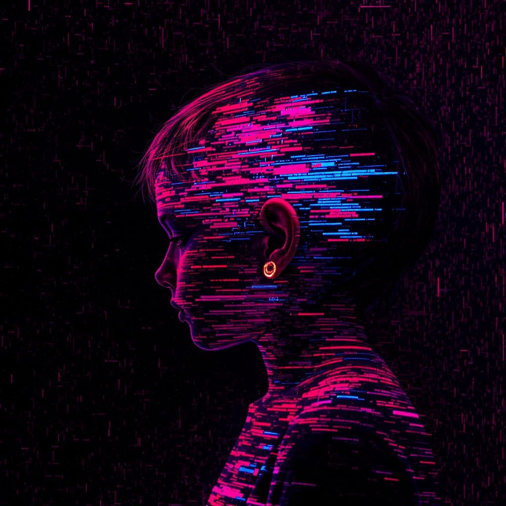 A semi-erased human silhouette dissolving into vibrant glitch patterns of red, cyan, and magenta, viewed from a three-qu...