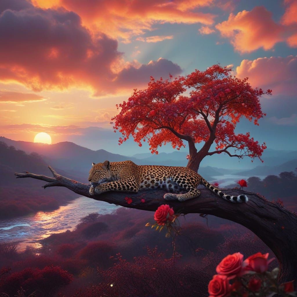 Leopard in Sunset Landscape
