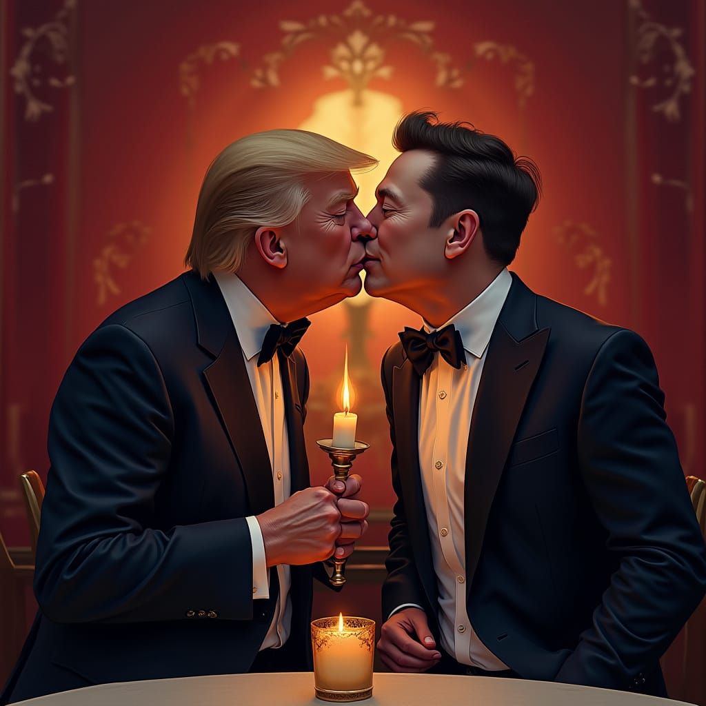 Trump and Musk Kissing: Vibrant Pop Art Style
