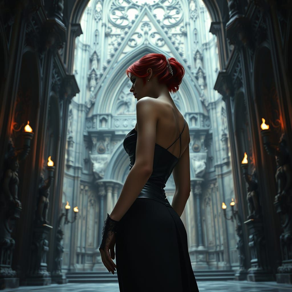 Gothic Woman in Cathedral, Surreal Dark Art Style