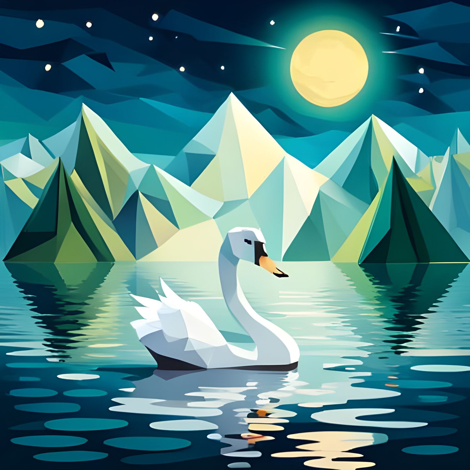 Geometrical Swan on Lake: Crystal Cubism Vector Art
