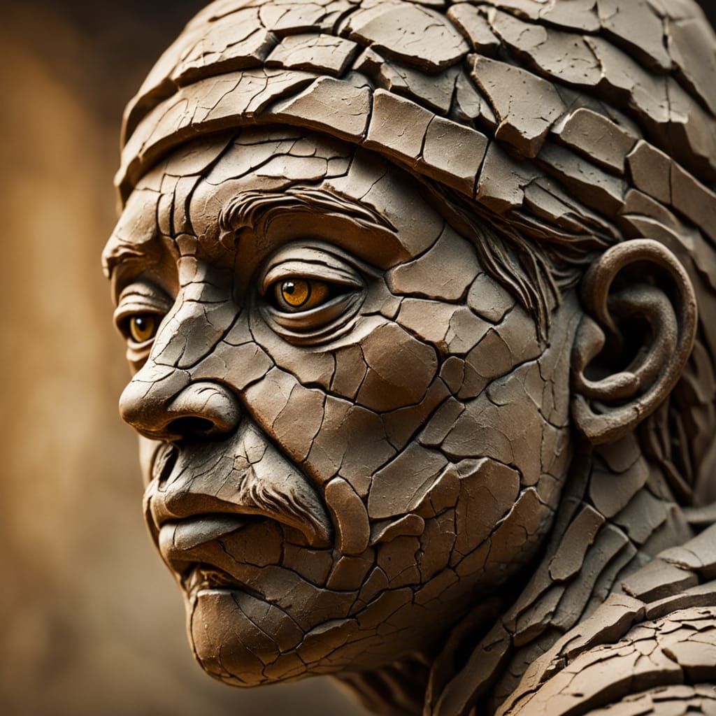 Detailed Clay Sculpture with Cracked Texture in Earthy Tones