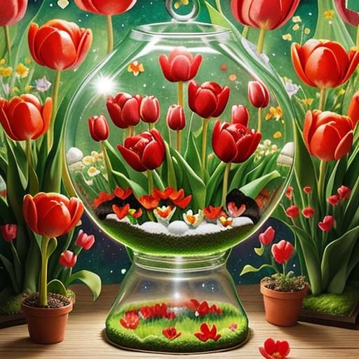 Fairies and Monster Boat in Red Tulips