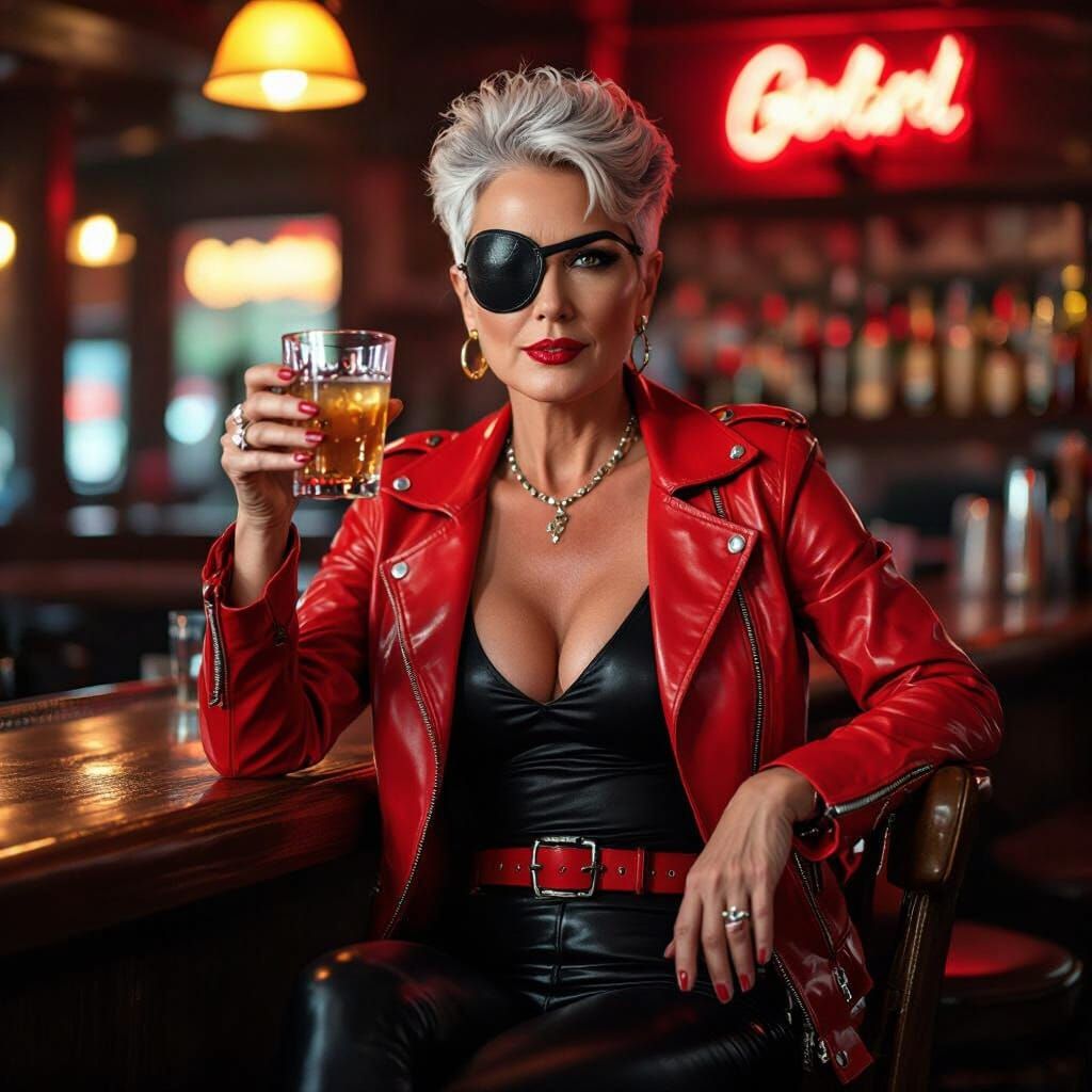 Provocative Woman with Eyepatch at Bar
