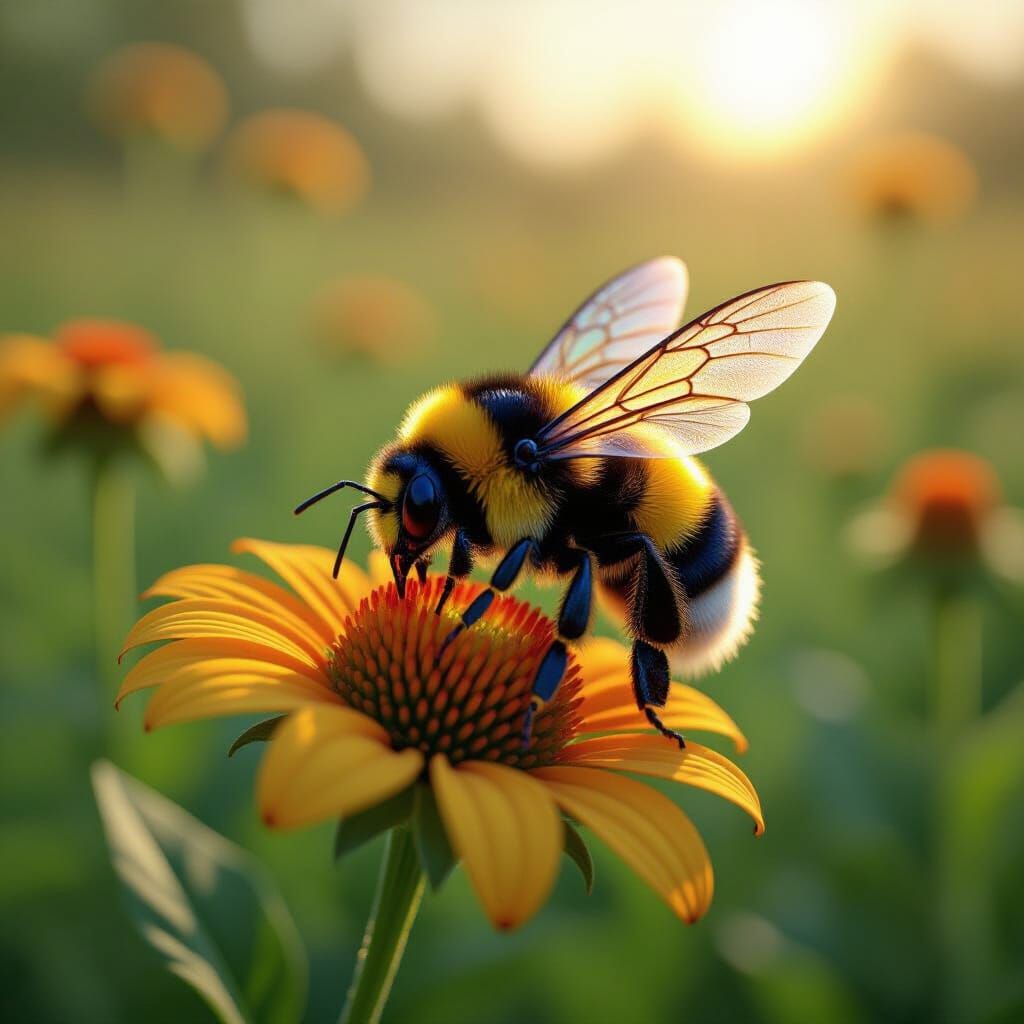 Hyperrealistic Bumblebee on Wildflower in Sun-Dappled Meadow