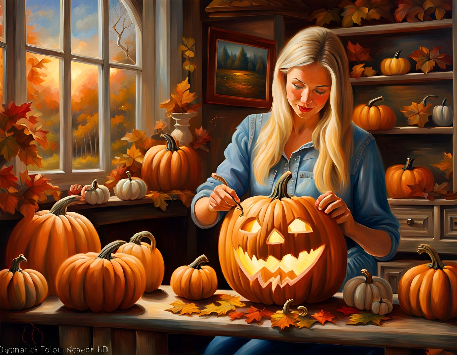 Norwegian Lady Carving Pumpkin in Folk Art Style