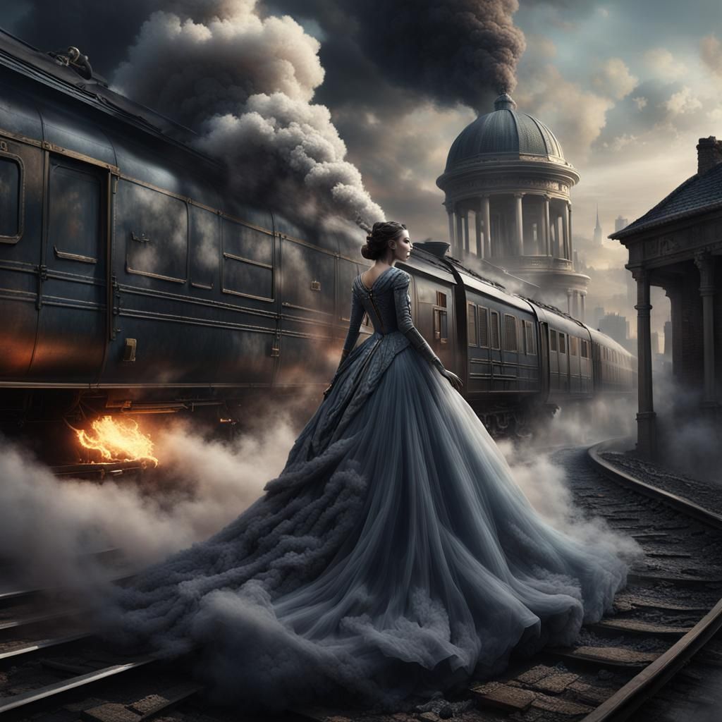 Smoky Woman in Cityscape, Detailed Matte Painting