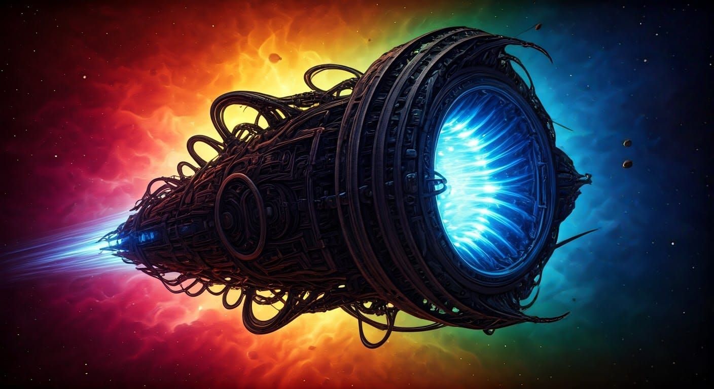 Alien Spacecraft Hurtles Through Rainbow Nebula