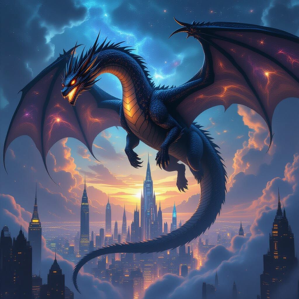 Colossal Void Dragon Over Futuristic Metropolis