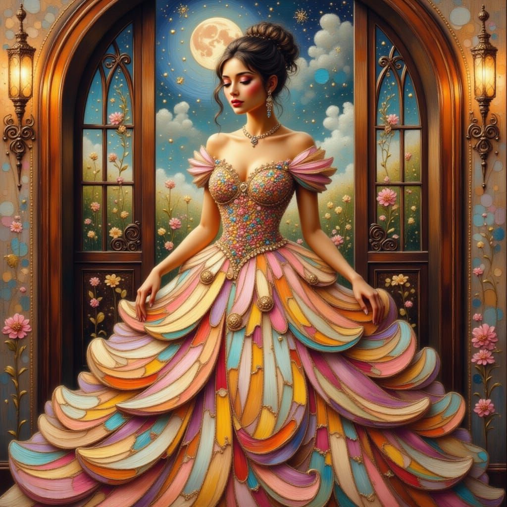 Woman in Striped Gown with Klimt-Inspired Background