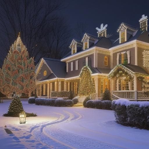 Christmas Mansion Scene with Decorative Lights